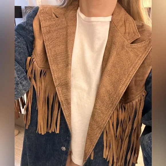 Denim and Tan Fringe Women's Coat - Picture 6 of 10